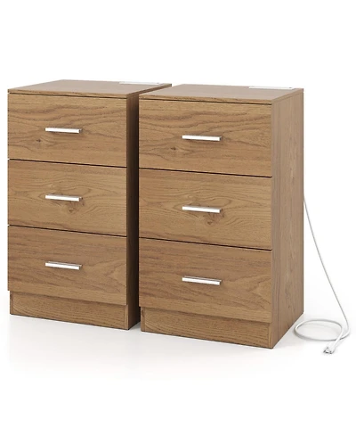 Sugift Set of 2 Nightstands with Charging Station End Tables with 3 Drawers for Bedroom