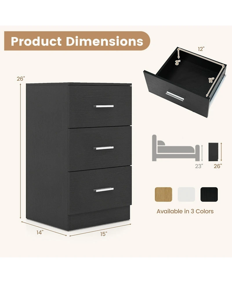 Sugift Nightstand with Charging Station 3-Drawer Bedside End Table for Bedroom