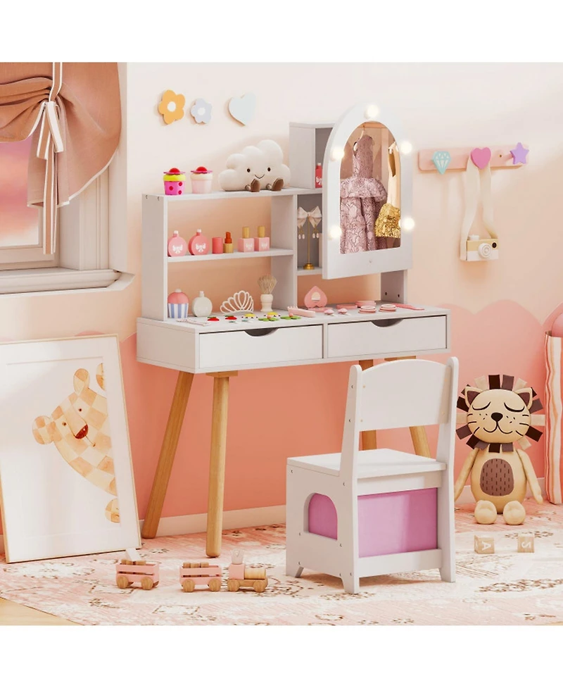Sugift Kids Vanity Set Pretend Play Dressing Table with 3-Color Lighting Modes Adjustable Brightness