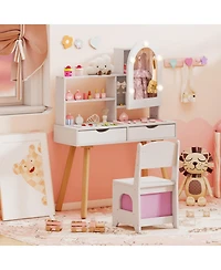 Sugift Kids Vanity Set Pretend Play Dressing Table with 3-Color Lighting Modes Adjustable Brightness