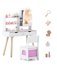 Sugift Kids Vanity Set Pretend Play Dressing Table with 3-Color Lighting Modes Adjustable Brightness