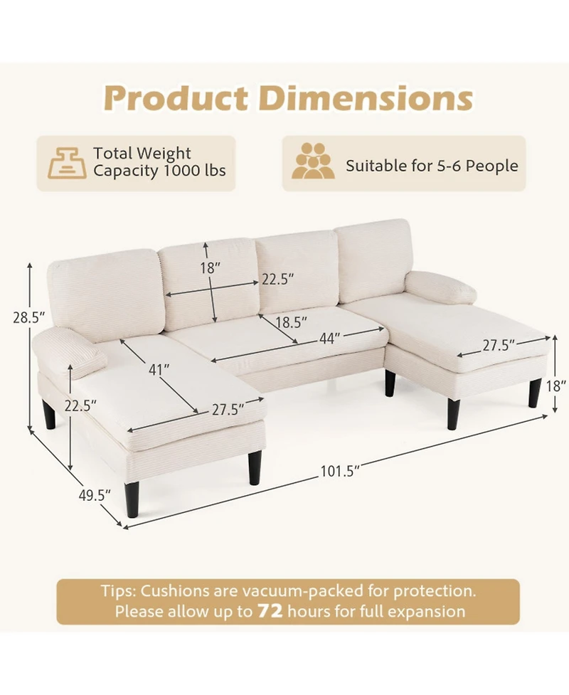 Sugift 101.5in x 49.5in x 28.5in U-Shaped Sectional Couch with Double Chaise for Living Room