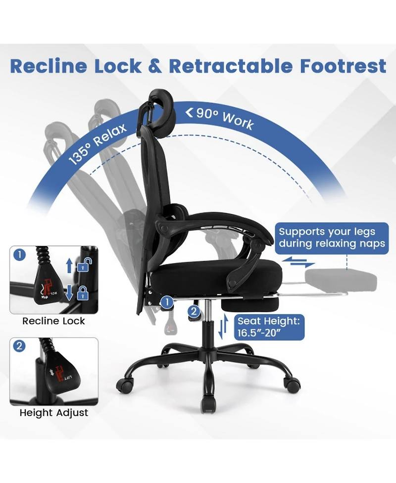 Sugift Ergonomic High Back Mesh Office Chair with Retractable Footrest and Adjustable Headrest