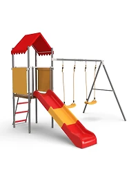 Zeny Metal and Plastic Treehouse Swing Set with Slide, Belt Swings, and Canopy - Safe, Sturdy, and Portable for Kids Ages 3-8