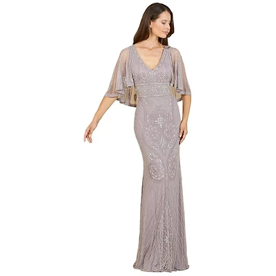 Lara Women's Cape-Sleeve V-Neck Beaded Gown