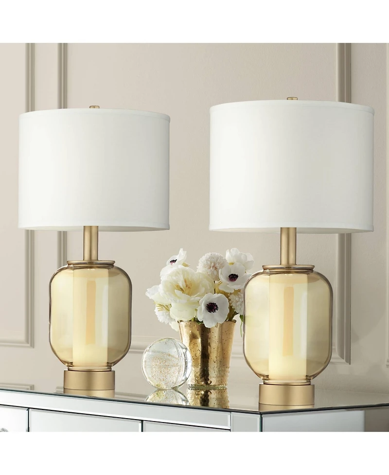 Possini Euro Design Sophia Modern Table Lamps 28" Tall Set of 2 Champagne Glass with Led Nightlight Drum Shade for Bedroom Living Room Home