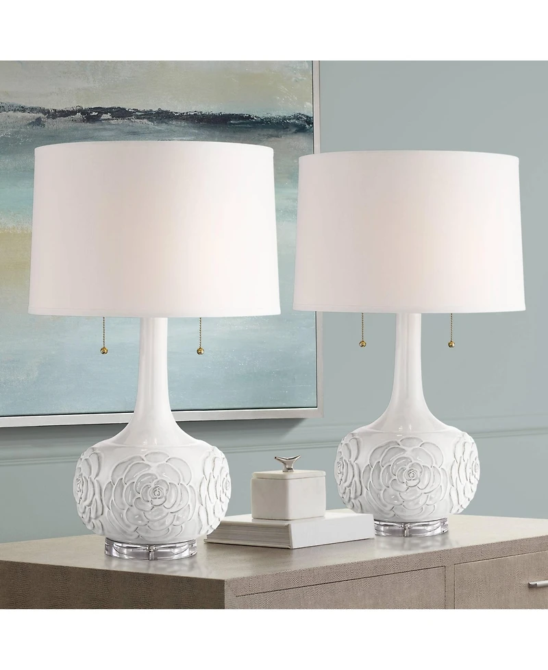 Possini Euro Design Natalia 27" Tall Modern Luxe Table Lamps Set of 2 Pull Chain Floral Ceramic Living Room Bedroom