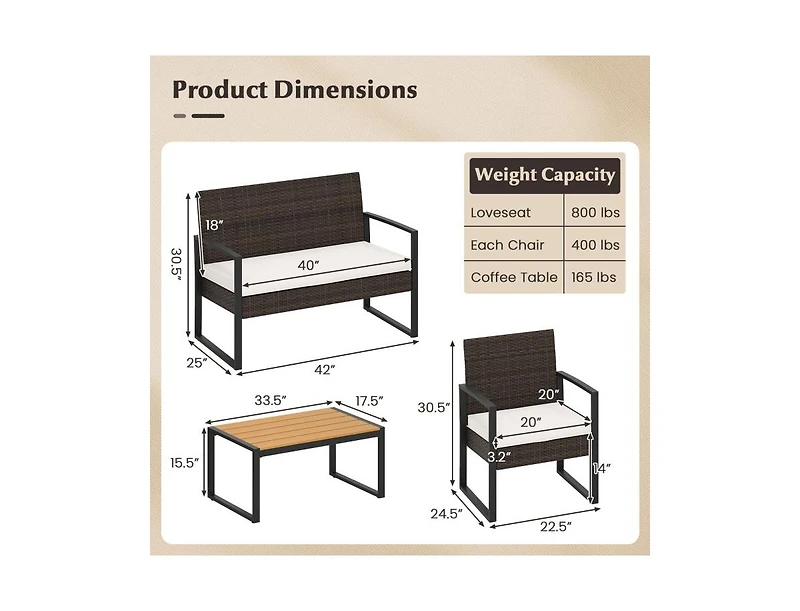 Boyel Living Patio Furniture Set Outdoor Rattan Conversation Set with Cushioned Chairs and Wood Plastic Coffee Table