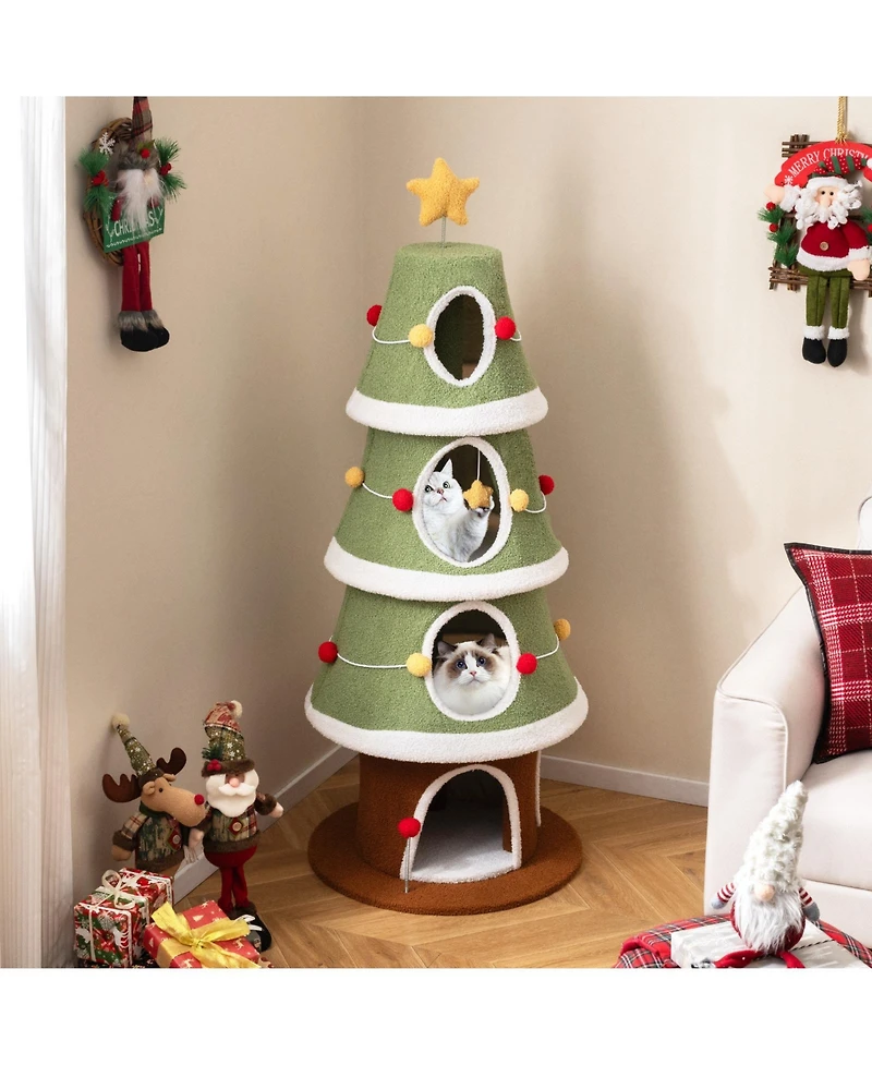 Sugift 61 Inch Christmas Cat Tree with 4 Condos for Indoor Cats Cute Cat Tower