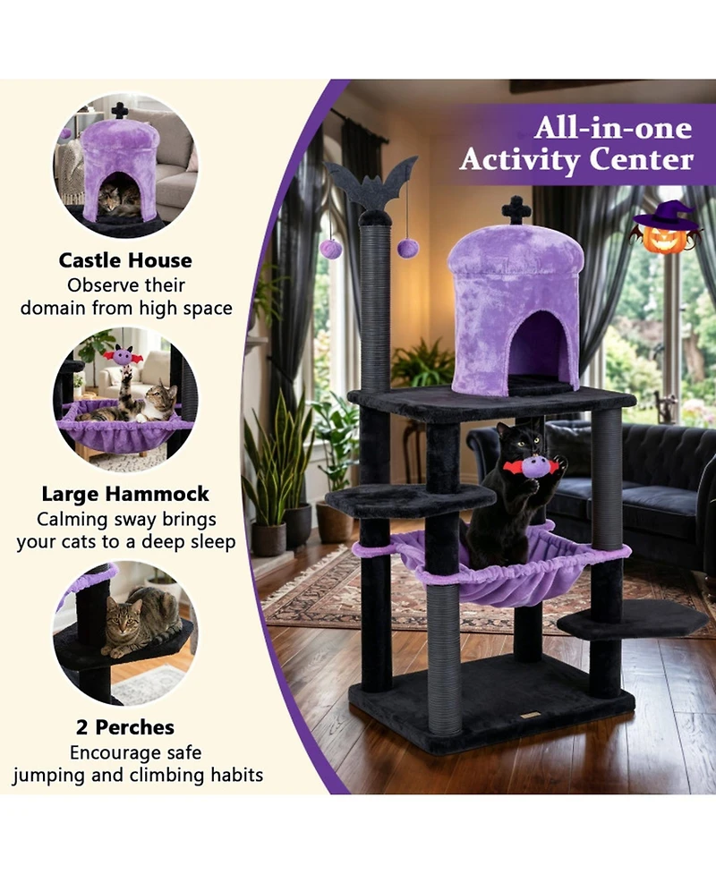Sugift 51in Gothic Multi-Level Cat Tree with Spider Hanging Toy for Halloween