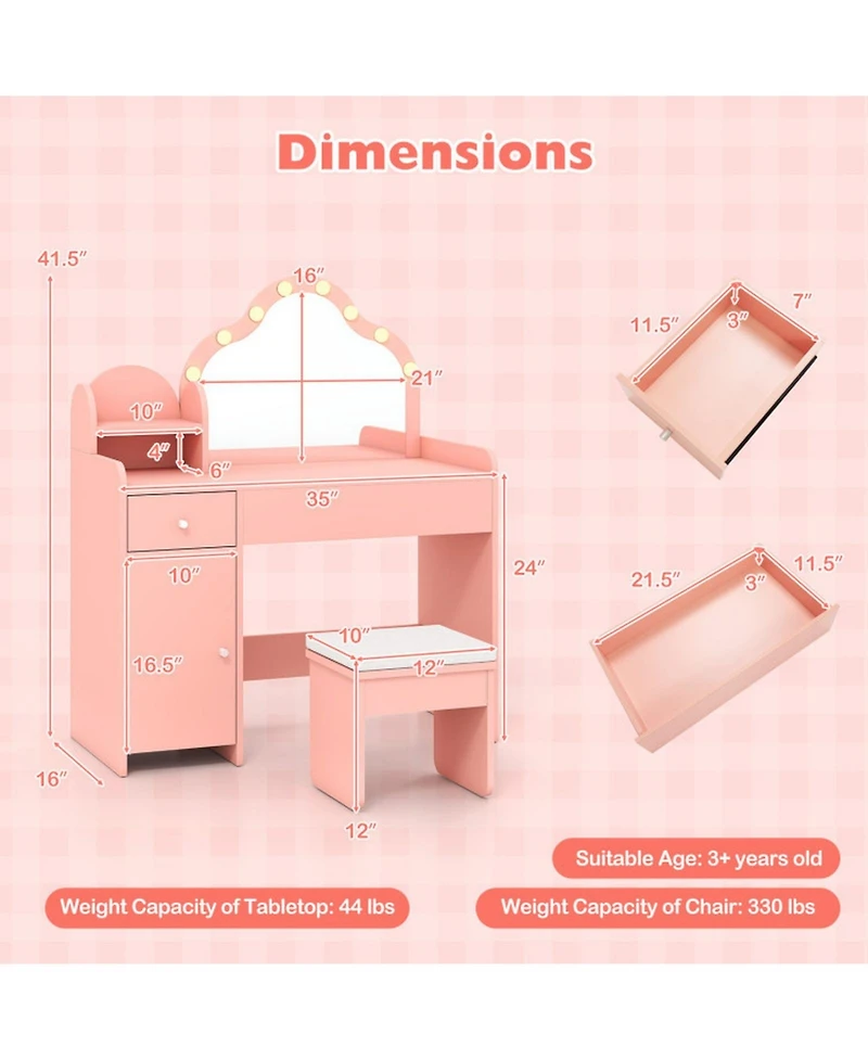 Sugift Kids Vanity Desk with Mirror and Lights Princess Pretend Play Dressing Table