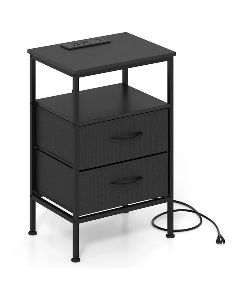 Sugift 24.5 in Modern Nightstand with Charging Station and 2 Fabric Drawers