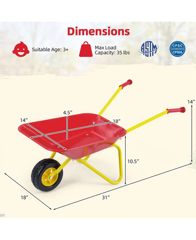 Hongge Kids Metal Wheelbarrow with All-Terrain Wheels and Anti-Slip Handles, Ages 3+