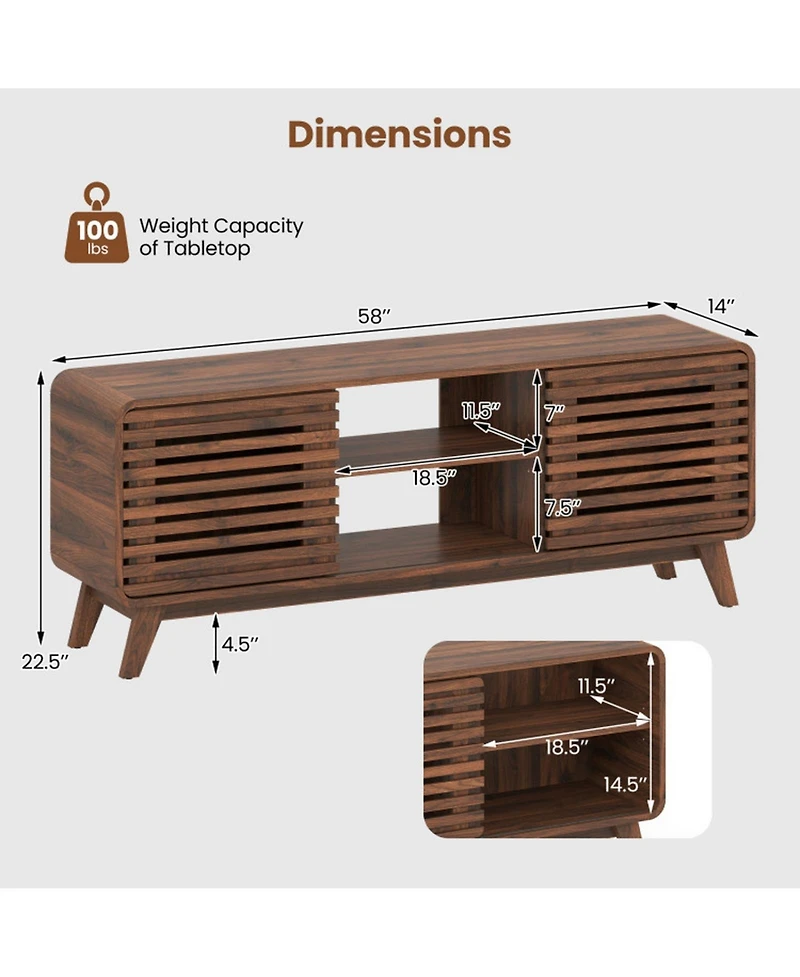 Sugift Mid Century Modern Entertainment Center with Grille-Style Sliding Doors for Living Room