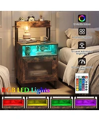 Sugift Led Nightstand with Top Tray Open Compartment and Storage Cabinet