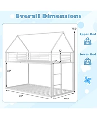 Sugift Twin over Twin House-Shaped Metal Bunk Bed with Roof and Ladder