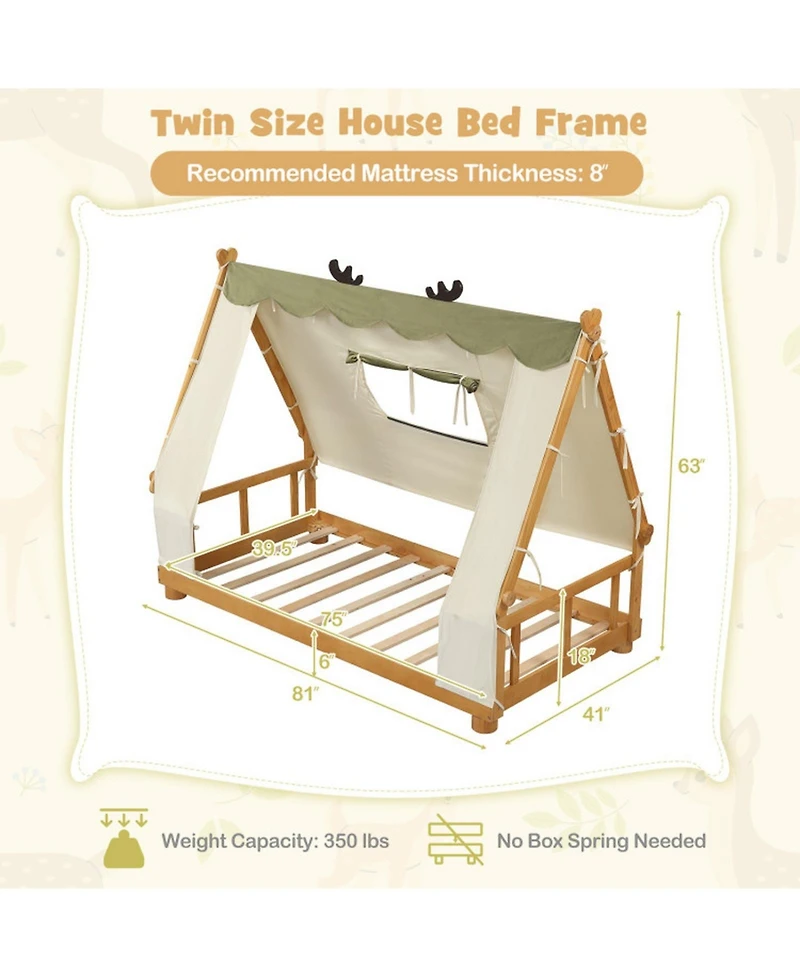 Sugift Twin Size House Floor Wood Bed with Removable Canopy Tent