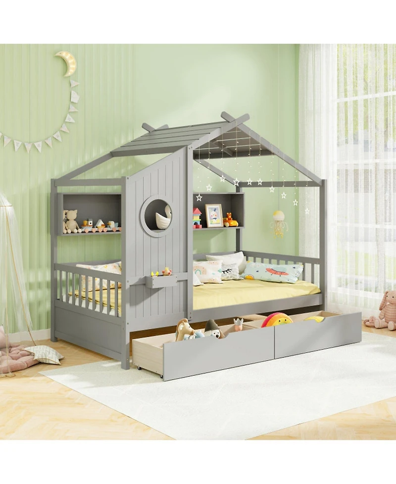 Sugift Twin Size Wooden House Bed with 2 Storage Drawers and Fence Guardrails