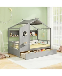 Sugift Twin Size Wooden House Bed with 2 Storage Drawers and Fence Guardrails