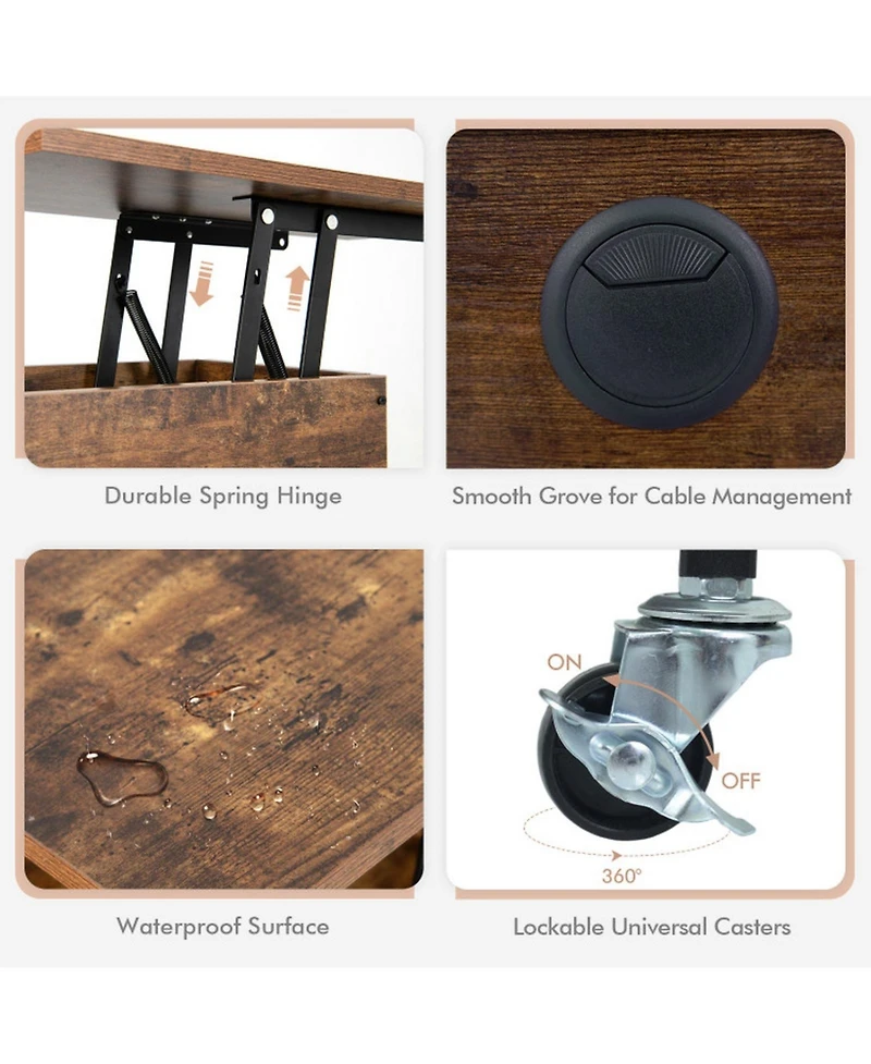 Sugift Lift Top End Table with Hidden Charging Station and Lockable Universal Wheels