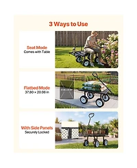 Mountaintop Garden Cart with Seat, 500 Lbs Steel Stool with Wheels, Tool Tray and Adjustable Handle, Black Wagon for Lawn, Patio, Backyard