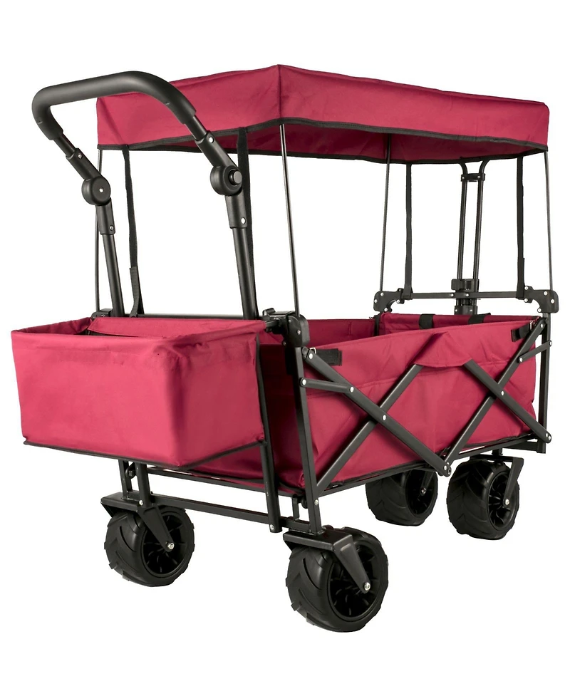 Mountaintop Extra Large Collapsible Garden Cart with Canopy, Rear Storage, Red Foldable Wagon for Garden, Camping, Grocery, Shopping