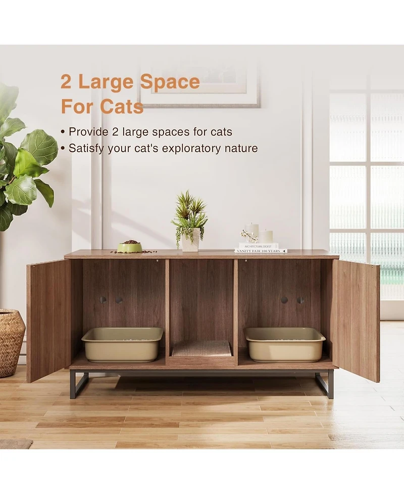 Vabches Double Room Large Cat Cabinet, Litter Box Furniture Hidden with Scratch Pad