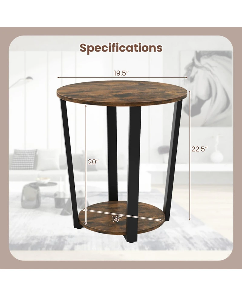 Sugift 2-Tier Round End Table with Removable Bottom Tray and Metal Frame