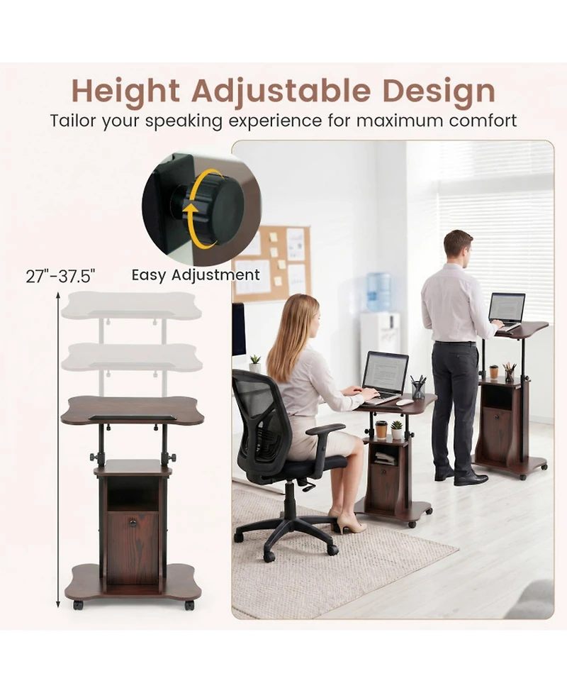 Sugift Adjustable Mobile Standing Desk Cart with 0-180degree(s) Tilt Desktop and Cabinet