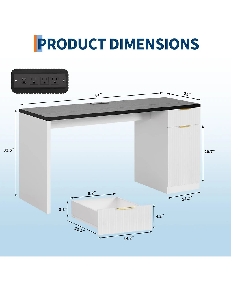 homfan 61" Farmhouse Executive Desk with Power and Usb, Drawers, Fluted Cabinet, Gold Handles, Adjustable Shelf