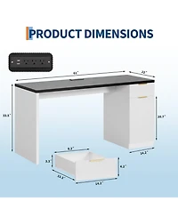 homfan 61" Farmhouse Executive Desk with Power and Usb, Drawers, Fluted Cabinet, Gold Handles, Adjustable Shelf