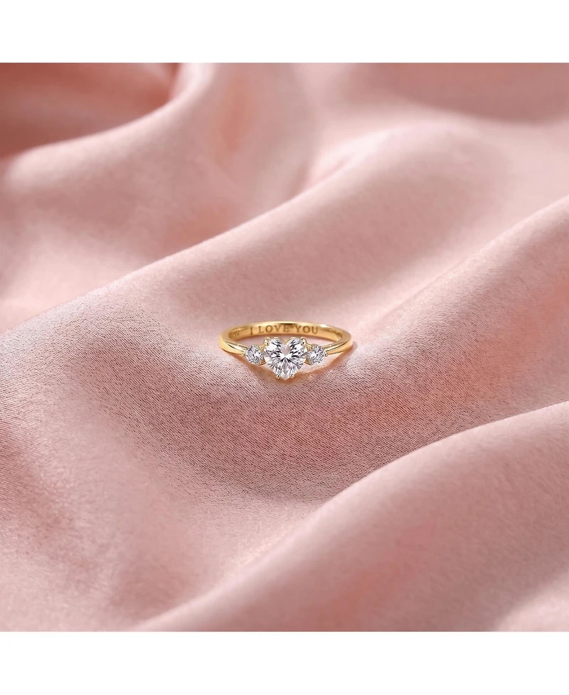 Sterling Silver Heart and Round Clear Cubic Zirconia's Three-Stone "I Love You" Ring