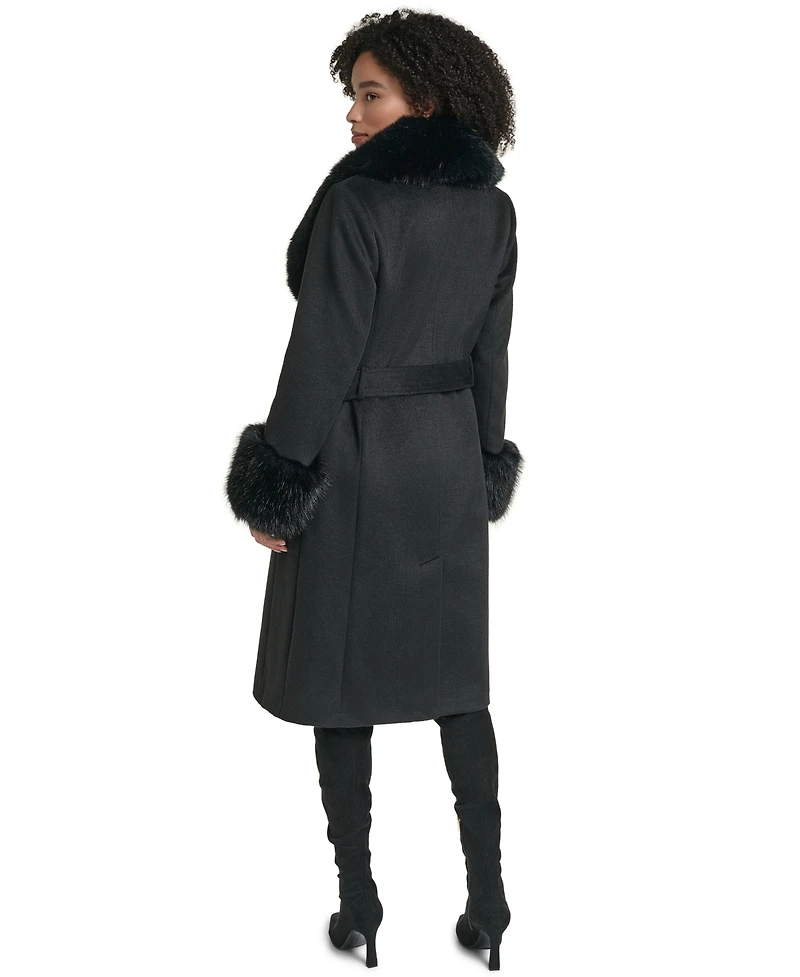 Karl Lagerfeld Paris Women's Fur Trimmed Single Breasted Long Wool Coat