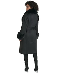 Karl Lagerfeld Paris Women's Fur Trimmed Single Breasted Long Wool Coat
