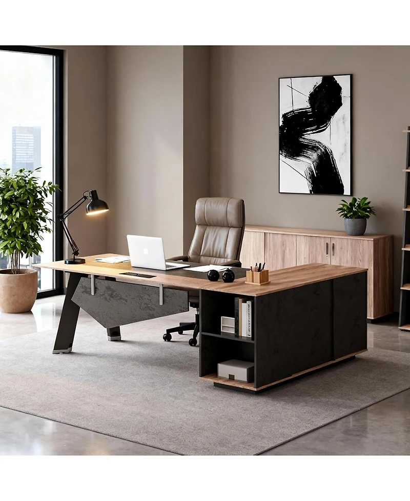 Logicfox 63 L Shaped Reversible Office Desk with lateral File Cabinet Open Shelves Power Outlet