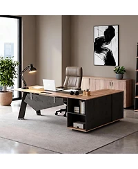 Logicfox 63 L Shaped Reversible Office Desk with lateral File Cabinet Open Shelves Power Outlet