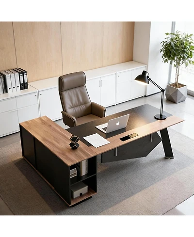 Logicfox 63 L Shaped Reversible Office Desk with lateral File Cabinet Open Shelves Power Outlet
