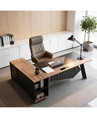 Logicfox 63 L Shaped Reversible Office Desk with lateral File Cabinet Open Shelves Power Outlet
