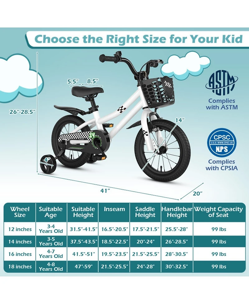 Sugift 14 in Kids Bike with Helmet Protective Set Dual Brakes Adjustable Seat and Handlebar