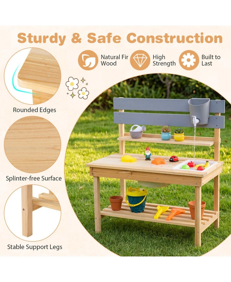 Sugift Outdoor Mud Kitchen with Pullout Tabletop and 2 Sinks, Ages 3+