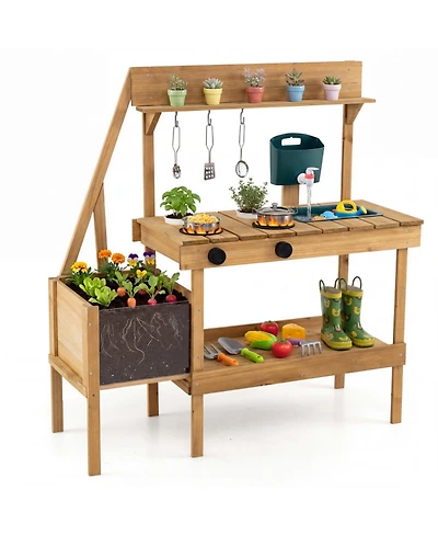 Sugift Wooden Raised Planter Box Mud Play Kitchen with 2 Flowerpots, Ages 3+