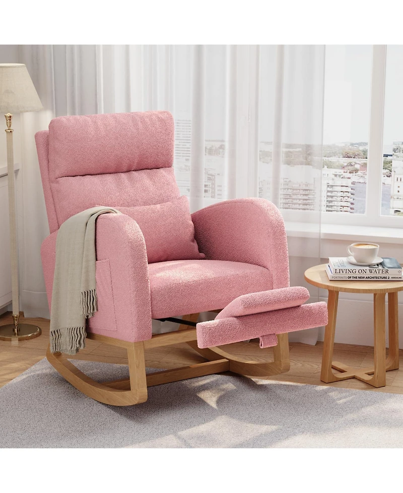 homfan Soft Teddy Fleece Rocking Chair Modern Nursery Glider Chair with Side Pockets and Pillow Extendable Footrest Upholstered Rocker for Living Room