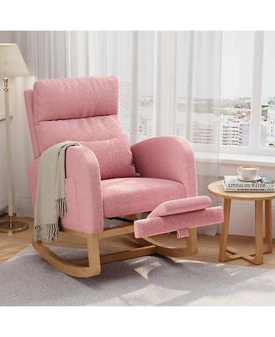 homfan Soft Teddy Fleece Rocking Chair Modern Nursery Glider Chair with Side Pockets and Pillow Extendable Footrest Upholstered Rocker for Living Room