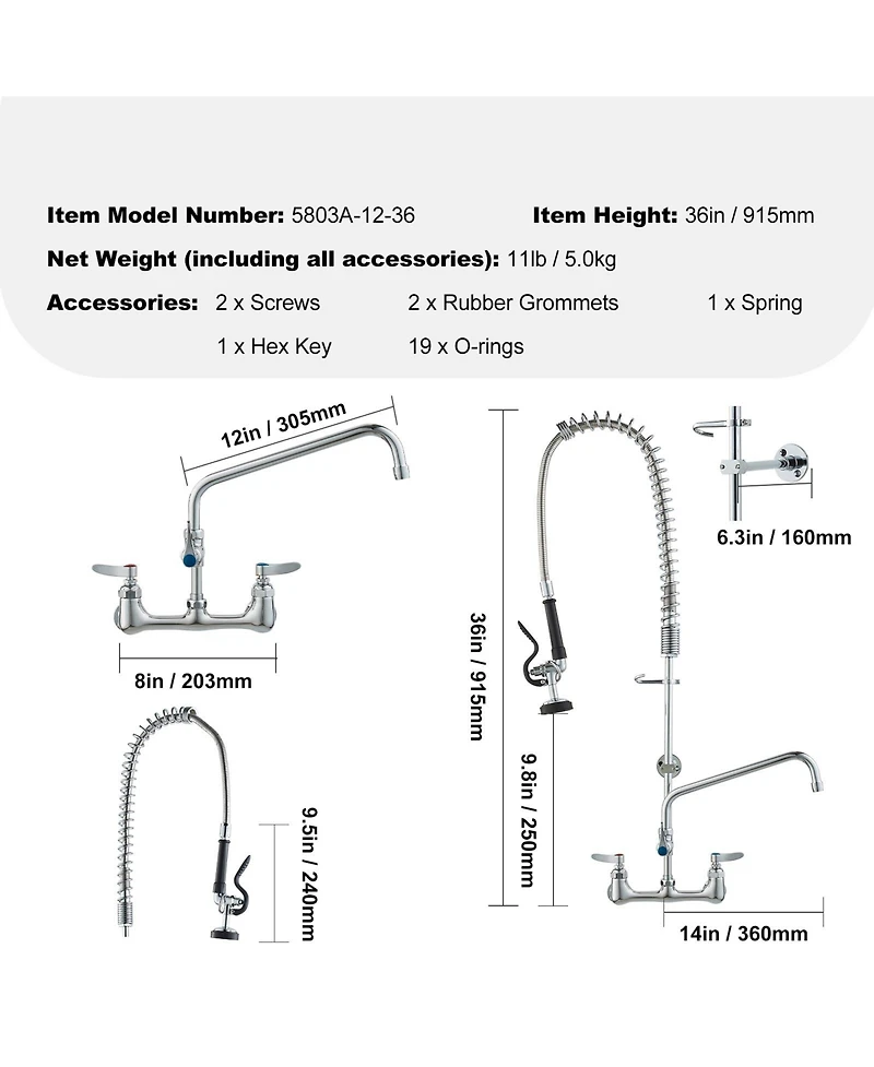 Busdays Commercial Wall Mount Kitchen Faucet with Pre Rinse Sprayer 36 Inch Height 8 Inch Center 12 Inch Swing Spout Brass for 1 2 3 Compartment Sink