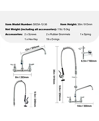 Busdays Commercial Wall Mount Kitchen Faucet with Pre Rinse Sprayer 36 Inch Height 8 Inch Center 12 Inch Swing Spout Brass for 1 2 3 Compartment Sink