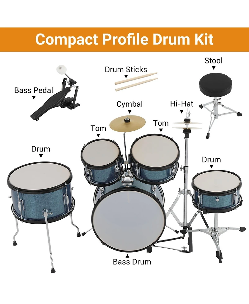 homfan Kids Drum Set - 5-Piece Junior Percussion Kit with Bass, Snare, Toms, Hi-Hat, Cymbal, Pedal and Adjustable Stool, Hardwood Construction