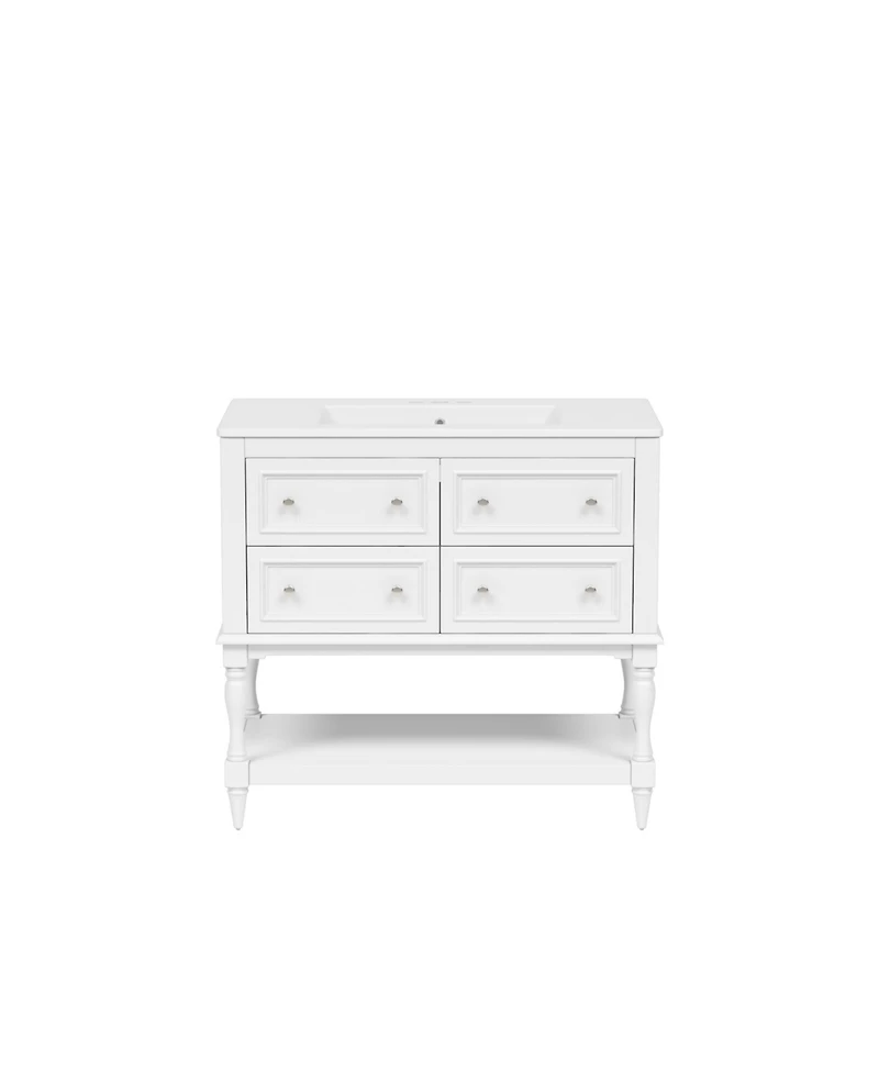Busdays 36 Inch Bathroom Vanity with Undermount Ceramic Sink 4 Drawers Solid Wood Frame Free Standing Cabinet Set