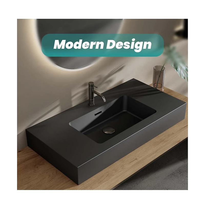 Busdays Matte Integrated Solid Surface Basin Sink for Vanity No Drain No Faucet Included