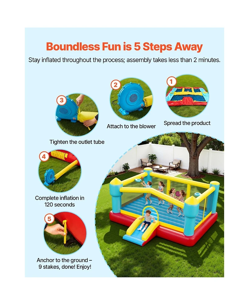 Hikeen 14.7 x 13.8 ft Kids Inflatable Bounce House with Slide, Basketball Hoop and Target Game