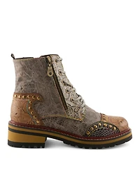 L'Artiste Women's Rugup Hand-Painted Leather Booties with Mixed Textures, Decorative Studs, Lace-Up and Zipper Closure, Faux Fur Lining, Lug Sole